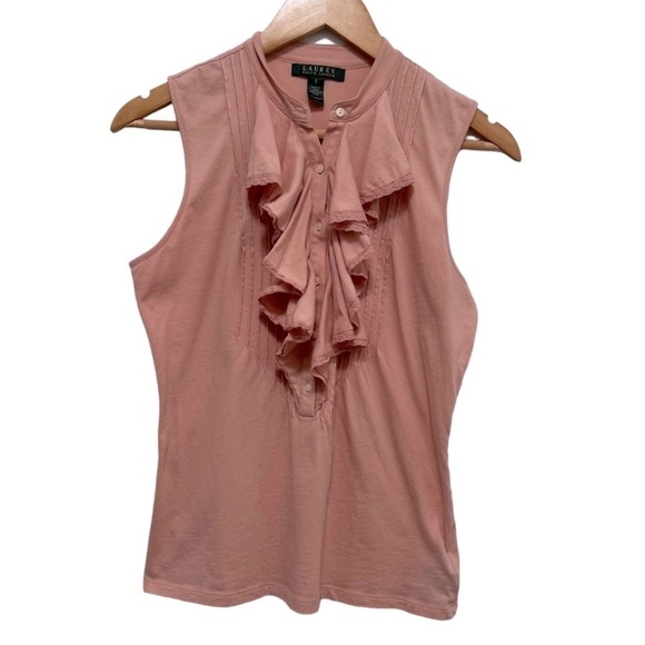 LAUREN RALPH LAUREN Ruffle & Lace Collar Peachy Pink Blouse Size Small - Picture 1 of 7